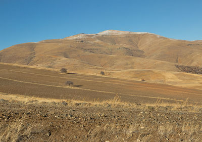 Scenic view of mountains against clear blue sky