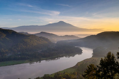 A beautiful view of serayu rivers with slamet mount as background