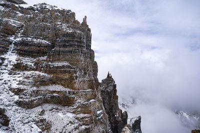 Low angle view of rock formation against sky during winter