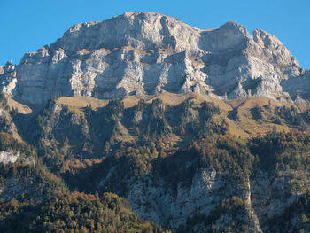 Rock formations on mountain against clear sky