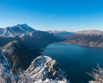 Scenic view of lake and mountains against blue sky