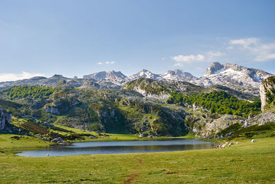 Scenic view of lake by mountains against sky