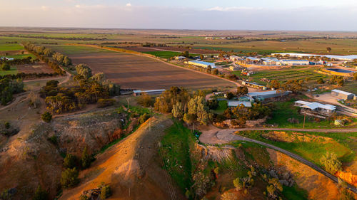 High angle view of agricultural field against sky