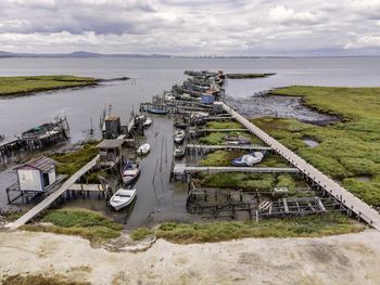 High angle view of bridge over sea against sky