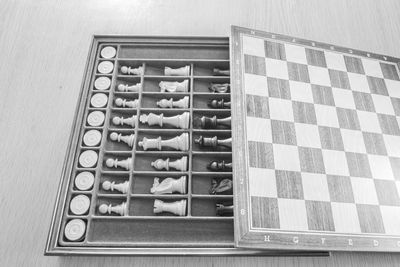 High angle view of chess on table