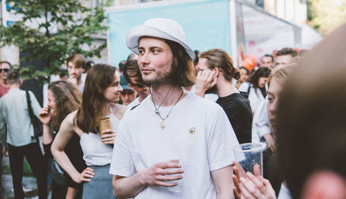 Group of friends standing in city