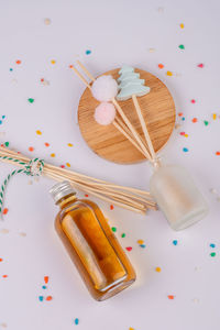 High angle view of beauty products on table