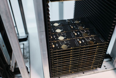 High angle view of piano keys on table