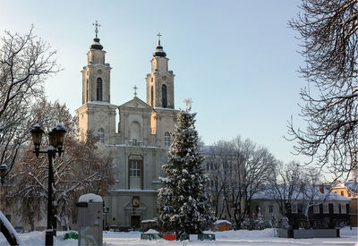 Panoramic view of trees and buildings against sky during winter