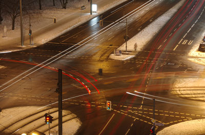 Light trails on streets at night during winter