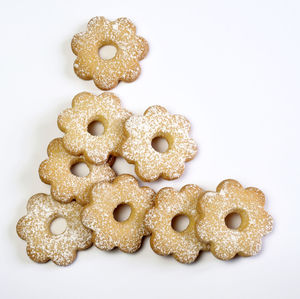 Close-up of cookies against white background