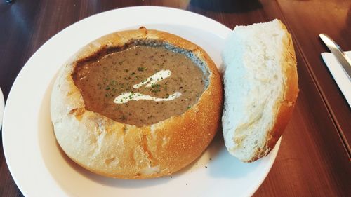 High angle view of breakfast served on table