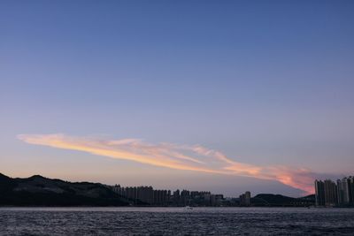 Scenic view of sea and buildings against sky during sunset