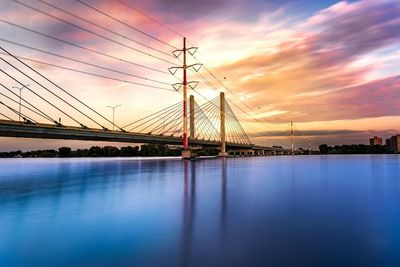 View of suspension bridge against cloudy sky