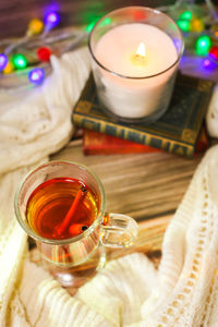 High angle view of tea light candles on table