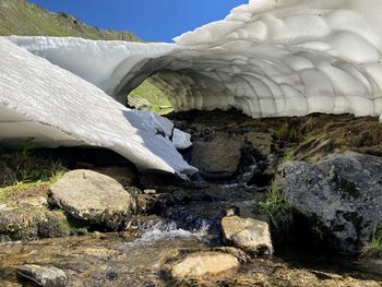 Scenic view of waterfall against sky