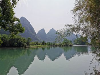 Scenic view of lake by trees against sky