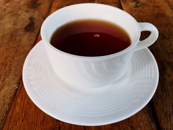 High angle view of tea cup on table