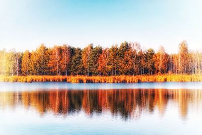 Reflection of trees in lake against sky during autumn