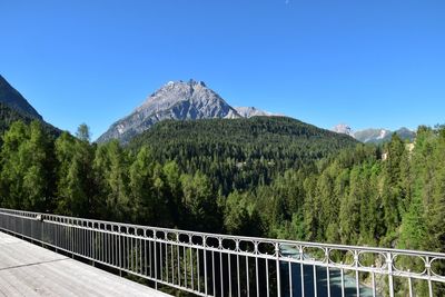 Scenic view of mountains against clear blue sky