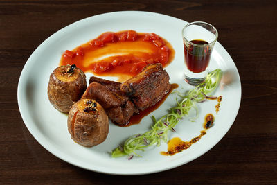 High angle view of breakfast served on table