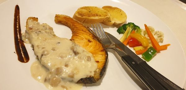 High angle view of breakfast served in plate