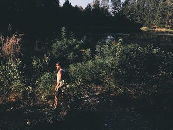 Man walking on field against trees in forest