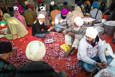 High angle view of people at town square