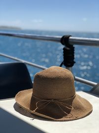 Close-up of hat on railing against sea