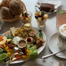 High angle view of breakfast served on table