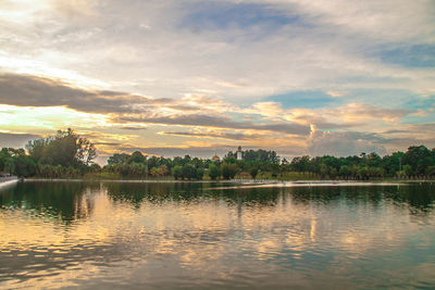 Scenic view of lake against sky at sunset