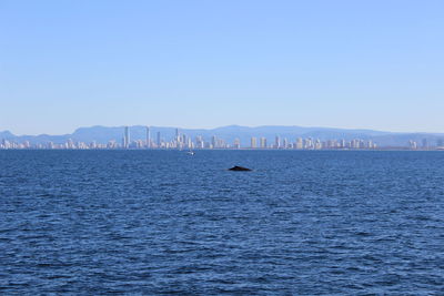 Distant view of suspension bridge over sea