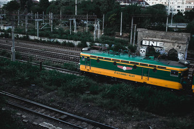 High angle view of train at railroad tracks