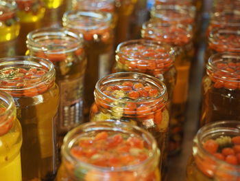 Close-up of drink in glass jar on table