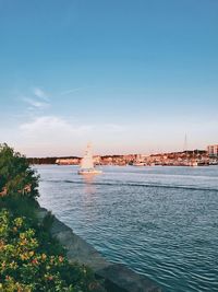 Scenic view of sea against blue sky