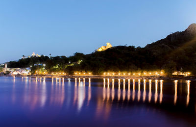 Scenic view of lake against clear sky at night