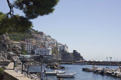 Boats in harbor by buildings against clear sky