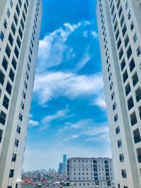 Low angle view of buildings against blue sky