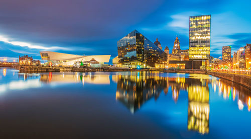 Reflection of illuminated buildings in water liverpool england 