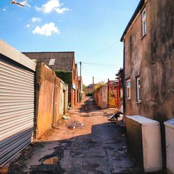 Footpath amidst buildings against sky lane alley garage vanishing point alleyway brick wall
