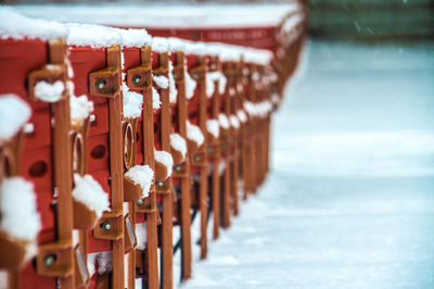 Close-up of fence covered with snow
