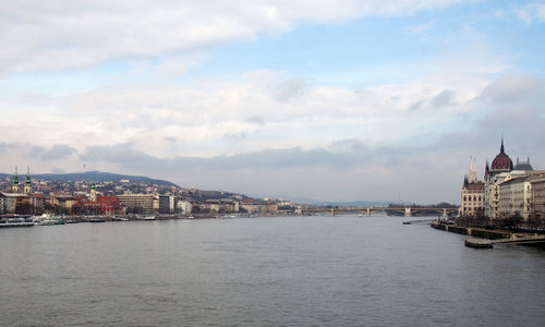 City at waterfront against cloudy sky