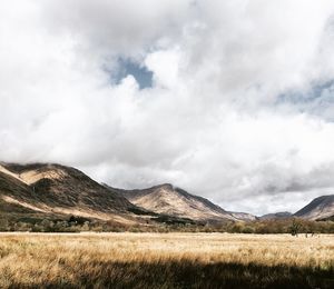 Scenic view of field and mountains against sky