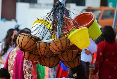 Close-up of pots for sale