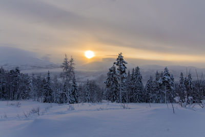 Snow covered field against sky during sunset