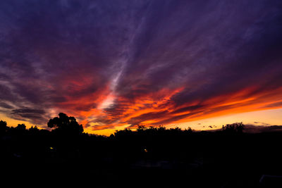 Silhouette landscape against dramatic sky during sunset