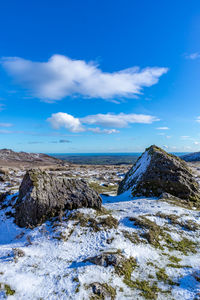 Scenic view of snowcapped mountain against blue sky