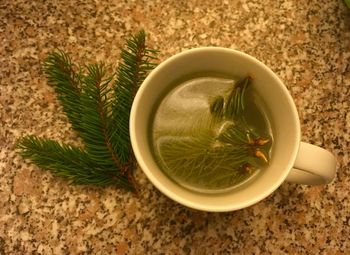 High angle view of tea in cup on table