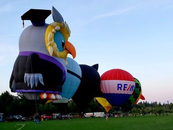 Low angle view of balloons on field against sky