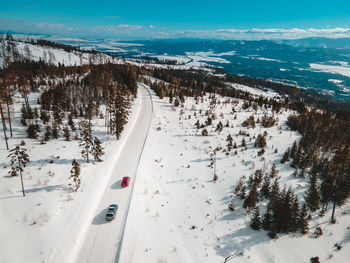 High angle view of snow covered landscape